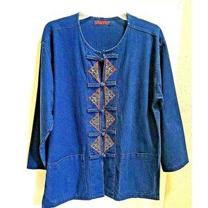 Vintage Jean Denim Hand Painted Signed Woman Jacket Size L XL ? Embroider Cotton